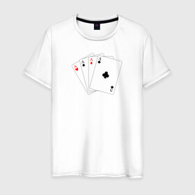 Мужская футболка хлопок с принтом Четыре карты в Екатеринбурге, 100% хлопок | прямой крой, круглый вырез горловины, длина до линии бедер, слегка спущенное плечо. | буби | игральные карты | иллюстрация | каре | туз | черви
