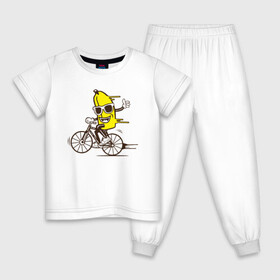 Детская пижама хлопок с принтом Банан на велосипеде в Екатеринбурге, 100% хлопок |  брюки и футболка прямого кроя, без карманов, на брюках мягкая резинка на поясе и по низу штанин
 | байк | банан | бананчик | велик | велосипед | живой банан | спорт