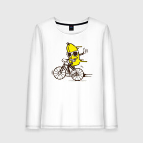 Женский лонгслив хлопок с принтом Банан на велосипеде в Екатеринбурге, 100% хлопок |  | байк | банан | бананчик | велик | велосипед | живой банан | спорт