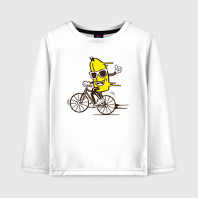 Детский лонгслив хлопок с принтом Банан на велосипеде в Екатеринбурге, 100% хлопок | круглый вырез горловины, полуприлегающий силуэт, длина до линии бедер | байк | банан | бананчик | велик | велосипед | живой банан | спорт