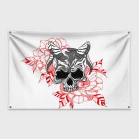 Флаг-баннер с принтом Череп с рогами в Екатеринбурге, 100% полиэстер | размер 67 х 109 см, плотность ткани — 95 г/м2; по краям флага есть четыре люверса для крепления | рога | розы | сатана | цветы | череп | черепок
