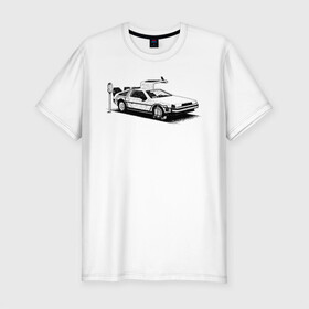 Мужская футболка хлопок Slim с принтом DeLorean в Екатеринбурге, 92% хлопок, 8% лайкра | приталенный силуэт, круглый вырез ворота, длина до линии бедра, короткий рукав | автомобиль | делориан | машина | парковка | черно белый