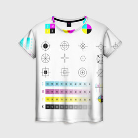 Женская футболка 3D с принтом CMYK в Екатеринбурге, 100% полиэфир ( синтетическое хлопкоподобное полотно) | прямой крой, круглый вырез горловины, длина до линии бедер | Тематика изображения на принте: rgb | печать | подарок дизайнеру | полиграфия | помехи | принтер | тест