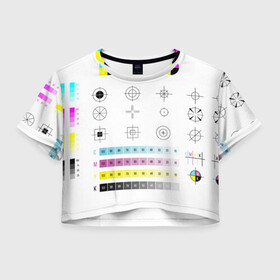 Женская футболка Crop-top 3D с принтом CMYK в Екатеринбурге, 100% полиэстер | круглая горловина, длина футболки до линии талии, рукава с отворотами | rgb | печать | подарок дизайнеру | полиграфия | помехи | принтер | тест