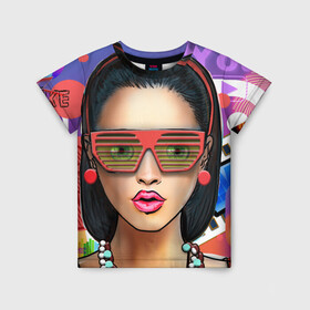 Детская футболка 3D с принтом СтильНая Девушка в Екатеринбурге, 100% гипоаллергенный полиэфир | прямой крой, круглый вырез горловины, длина до линии бедер, чуть спущенное плечо, ткань немного тянется | губы | девушка | очки значки | социальные сети | стиль | стильная девушка
