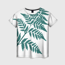 Женская футболка 3D с принтом Зелёный папоротник в Екатеринбурге, 100% полиэфир ( синтетическое хлопкоподобное полотно) | прямой крой, круглый вырез горловины, длина до линии бедер | Тематика изображения на принте: ветка | зеленый | листик | папоротник | природа | растение