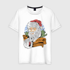 Мужская футболка хлопок с принтом Merry Christmas в Екатеринбурге, 100% хлопок | прямой крой, круглый вырез горловины, длина до линии бедер, слегка спущенное плечо. | cанта | дед мороз | иллюстрация | рождество | сочельник