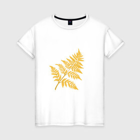Женская футболка хлопок с принтом Жёлтый папоротник в Екатеринбурге, 100% хлопок | прямой крой, круглый вырез горловины, длина до линии бедер, слегка спущенное плечо | ветка | желтый | лес | листик | папоротник | природа | растение