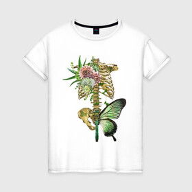 Женская футболка хлопок с принтом Внутренний мир в Екатеринбурге, 100% хлопок | прямой крой, круглый вырез горловины, длина до линии бедер, слегка спущенное плечо | art | бабочка | иллюстрация | скелет | цветы
