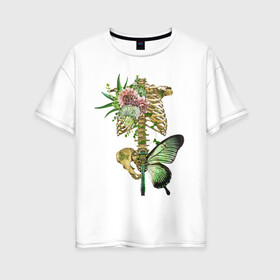Женская футболка хлопок Oversize с принтом Внутренний мир в Екатеринбурге, 100% хлопок | свободный крой, круглый ворот, спущенный рукав, длина до линии бедер
 | art | бабочка | иллюстрация | скелет | цветы