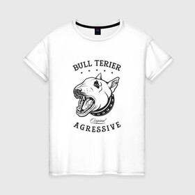 Женская футболка хлопок с принтом Агрессивный бультерьер в Екатеринбурге, 100% хлопок | прямой крой, круглый вырез горловины, длина до линии бедер, слегка спущенное плечо | cute | dog | woof | гав | забавный | кости | пес | собака