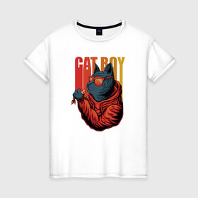 Женская футболка хлопок с принтом Cat boy в Екатеринбурге, 100% хлопок | прямой крой, круглый вырез горловины, длина до линии бедер, слегка спущенное плечо | cat | kitten | блатной | в наушниках | кот | котенок | котик | кошачьи | кошка