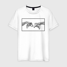 Мужская футболка хлопок с принтом Сотворение Геймеров в Екатеринбурге, 100% хлопок | прямой крой, круглый вырез горловины, длина до линии бедер, слегка спущенное плечо. | ps | xbox | джостик | консоли | руки