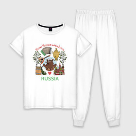 Женская пижама хлопок с принтом From Russia With Love в Екатеринбурге, 100% хлопок | брюки и футболка прямого кроя, без карманов, на брюках мягкая резинка на поясе и по низу штанин | балалайка | береза | иллюстрация | медведь | раша | самовар | собор | туризм