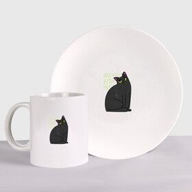 Набор: тарелка + кружка с принтом Are you kitten me | Чёрный кот в Екатеринбурге, керамика | Кружка: объем — 330 мл, диаметр — 80 мм. Принт наносится на бока кружки, можно сделать два разных изображения. 
Тарелка: диаметр - 210 мм, диаметр для нанесения принта - 120 мм. | Тематика изображения на принте: big eyes | black cat | fear | funny cat | joking | kitten | kitty | игра слов | испуг | киса | кот с большими глазами | котёнок | котик | котики | кошка | кошки | милый котик | не шути со мной | прикол | рисунок | тёмный кот