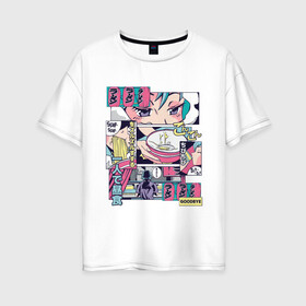 Женская футболка хлопок Oversize с принтом Vaporwave Anime Ramen Shop в Екатеринбурге, 100% хлопок | свободный крой, круглый ворот, спущенный рукав, длина до линии бедер
 | anime fan | art | japan | japanese | manga character | tokyo | анимация | анимешник | арт | кафе | комикс | комиксы | магазин | манга | отрисовка | паровая волна | пародия | персонаж аниме | прикол | рамен