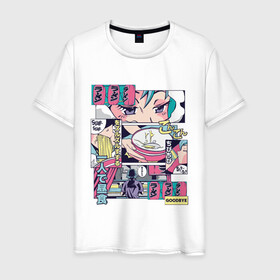 Мужская футболка хлопок с принтом Vaporwave Anime Ramen Shop в Екатеринбурге, 100% хлопок | прямой крой, круглый вырез горловины, длина до линии бедер, слегка спущенное плечо. | anime fan | art | japan | japanese | manga character | tokyo | анимация | анимешник | арт | кафе | комикс | комиксы | магазин | манга | отрисовка | паровая волна | пародия | персонаж аниме | прикол | рамен