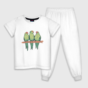Детская пижама хлопок с принтом Попугайчики на ветке в Екатеринбурге, 100% хлопок |  брюки и футболка прямого кроя, без карманов, на брюках мягкая резинка на поясе и по низу штанин
 | Тематика изображения на принте: art | nature | on a branch | parrot | parrots | red crowned parakeets | арт | ветка | иллюстрация | краснолобый прыгающий попугай | милые попугаи | попуг | попугаевые | попугай | попугчик | принт с попугаями | природа
