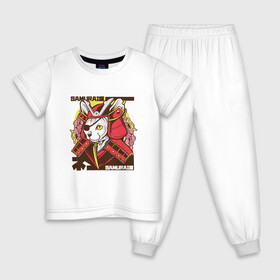 Детская пижама хлопок с принтом Японский кот самурай в Екатеринбурге, 100% хлопок |  брюки и футболка прямого кроя, без карманов, на брюках мягкая резинка на поясе и по низу штанин
 | Тематика изображения на принте: art | cat | cyberpunk samurai | ninja | oni | ronin | samurai | shogun | yakuza | арт | воин | воитель | киберпанк самурай | кошка | мерч | прикол | путь воина | путь война | ронин | сёгун | сепукку | токио | харакири | черный самурай