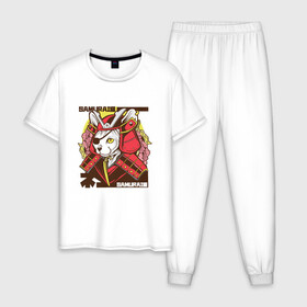 Мужская пижама хлопок с принтом Японский кот самурай в Екатеринбурге, 100% хлопок | брюки и футболка прямого кроя, без карманов, на брюках мягкая резинка на поясе и по низу штанин
 | art | cat | cyberpunk samurai | ninja | oni | ronin | samurai | shogun | yakuza | арт | воин | воитель | киберпанк самурай | кошка | мерч | прикол | путь воина | путь война | ронин | сёгун | сепукку | токио | харакири | черный самурай