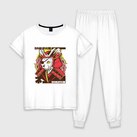 Женская пижама хлопок с принтом Японский кот самурай в Екатеринбурге, 100% хлопок | брюки и футболка прямого кроя, без карманов, на брюках мягкая резинка на поясе и по низу штанин | Тематика изображения на принте: art | cat | cyberpunk samurai | ninja | oni | ronin | samurai | shogun | yakuza | арт | воин | воитель | киберпанк самурай | кошка | мерч | прикол | путь воина | путь война | ронин | сёгун | сепукку | токио | харакири | черный самурай