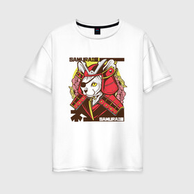 Женская футболка хлопок Oversize с принтом Японский кот самурай в Екатеринбурге, 100% хлопок | свободный крой, круглый ворот, спущенный рукав, длина до линии бедер
 | Тематика изображения на принте: art | cat | cyberpunk samurai | ninja | oni | ronin | samurai | shogun | yakuza | арт | воин | воитель | киберпанк самурай | кошка | мерч | прикол | путь воина | путь война | ронин | сёгун | сепукку | токио | харакири | черный самурай
