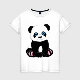 Женская футболка хлопок с принтом Милая панда в Екатеринбурге, 100% хлопок | прямой крой, круглый вырез горловины, длина до линии бедер, слегка спущенное плечо | маленькая панда | медвежонок | панда | черно белый медведь