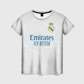 Женская футболка 3D с принтом Реал Мадрид форма 2021/2022 в Екатеринбурге, 100% полиэфир ( синтетическое хлопкоподобное полотно) | прямой крой, круглый вырез горловины, длина до линии бедер | Тематика изображения на принте: 2021 | 2022 | madrid | real | испания | мадрид | новая | реал | реал мадрид | форма | футбол
