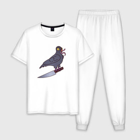 Мужская пижама хлопок с принтом Опасный голубь в Екатеринбурге, 100% хлопок | брюки и футболка прямого кроя, без карманов, на брюках мягкая резинка на поясе и по низу штанин
 | Тематика изображения на принте: голубь | крылья | нож | перья | полёт | птица | червяк