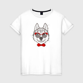 Женская футболка хлопок с принтом Пес в очках в Екатеринбурге, 100% хлопок | прямой крой, круглый вырез горловины, длина до линии бедер, слегка спущенное плечо | cute | dog | woof | в очках | гав | забавный | пес | смешной | собака | щенок