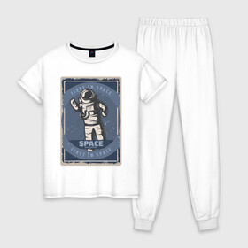 Женская пижама хлопок с принтом First In Space в Екатеринбурге, 100% хлопок | брюки и футболка прямого кроя, без карманов, на брюках мягкая резинка на поясе и по низу штанин | art | first | астронавт | галактика | иллюстрация