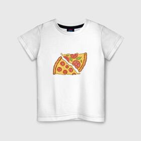 Детская футболка хлопок с принтом Два кусочка пиццы  в Екатеринбурге, 100% хлопок | круглый вырез горловины, полуприлегающий силуэт, длина до линии бедер | chees | cheesy | fast food | fastfood | food | love | margarita | pepperoni | pizza | pizza lover | pizza margherita | slice | two pizza slices | базилик | колбаса | колбаска | люблю пиццу | любовь | маргарита | овощи | пепперони | помидоры | сыр | тянущи