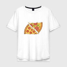 Мужская футболка хлопок Oversize с принтом Два кусочка пиццы  в Екатеринбурге, 100% хлопок | свободный крой, круглый ворот, “спинка” длиннее передней части | chees | cheesy | fast food | fastfood | food | love | margarita | pepperoni | pizza | pizza lover | pizza margherita | slice | two pizza slices | базилик | колбаса | колбаска | люблю пиццу | любовь | маргарита | овощи | пепперони | помидоры | сыр | тянущи