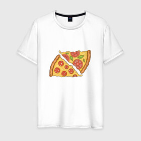 Мужская футболка хлопок с принтом Два кусочка пиццы  в Екатеринбурге, 100% хлопок | прямой крой, круглый вырез горловины, длина до линии бедер, слегка спущенное плечо. | chees | cheesy | fast food | fastfood | food | love | margarita | pepperoni | pizza | pizza lover | pizza margherita | slice | two pizza slices | базилик | колбаса | колбаска | люблю пиццу | любовь | маргарита | овощи | пепперони | помидоры | сыр | тянущи
