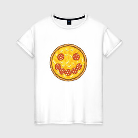 Женская футболка хлопок с принтом Пицца в виде смайлика | Smile  в Екатеринбурге, 100% хлопок | прямой крой, круглый вырез горловины, длина до линии бедер, слегка спущенное плечо | chees | cheesy | fast food | fastfood | food | love | margarita | pepperoni | pizza | pizza lover | pizza margherita | базилик | колбаса | колбаска | люблю пиццу | любовь | маргарита | овощи | пепперони | помидоры | смайл | смайлик | сыр