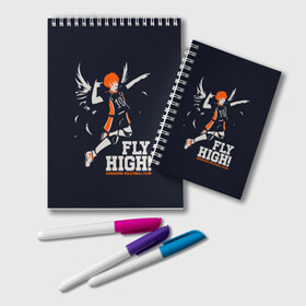 Блокнот с принтом fly high! Шоё Хината Haikyuu!! в Екатеринбурге, 100% бумага | 48 листов, плотность листов — 60 г/м2, плотность картонной обложки — 250 г/м2. Листы скреплены удобной пружинной спиралью. Цвет линий — светло-серый
 | Тематика изображения на принте: 10 номер | anime | haikyu | haikyuu | hinata shoyo | karasuno | manga | аниме | волейбол | волейбольный клуб | иероглифы | карасуно | лети высоко | лого | манга | надпись | прыжок | старшая школа | хаику | хаикую