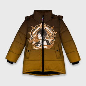 Зимняя куртка для девочек 3D с принтом Genshin Impact - Zhongli в Екатеринбурге, ткань верха — 100% полиэстер; подклад — 100% полиэстер, утеплитель — 100% полиэстер. | длина ниже бедра, удлиненная спинка, воротник стойка и отстегивающийся капюшон. Есть боковые карманы с листочкой на кнопках, утяжки по низу изделия и внутренний карман на молнии. 

Предусмотрены светоотражающий принт на спинке, радужный светоотражающий элемент на пуллере молнии и на резинке для утяжки. | anime | game | gamer | genshin | genshin impact | genshin zhongli | impact | zhongli | аниме | архонт | геншин | геншин дед | геншин джун ли | геншин импакт | гео | гео архонт | дед | джон ли | джун ли | джунли | импакт | ли юэ | 