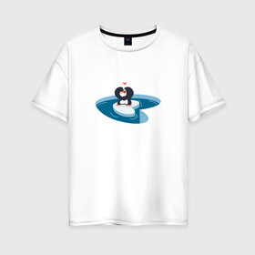 Женская футболка хлопок Oversize с принтом Пингвины любовь в Екатеринбурге, 100% хлопок | свободный крой, круглый ворот, спущенный рукав, длина до линии бедер
 | penguin | любовь | пингвин | пингвины | птица