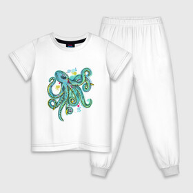 Детская пижама хлопок с принтом Осьминог в Екатеринбурге, 100% хлопок |  брюки и футболка прямого кроя, без карманов, на брюках мягкая резинка на поясе и по низу штанин
 | акварель | бирюзовый | графика | морской | спрут | щупальца
