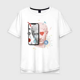 Мужская футболка хлопок Oversize с принтом Ренессанс  в Екатеринбурге, 100% хлопок | свободный крой, круглый ворот, “спинка” длиннее передней части | голова | лайк | микеланджело | ренессанс | селфи | сердце | слезы | статуя | телефон | фото