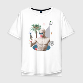 Мужская футболка хлопок Oversize с принтом Лето / Ренессанс  в Екатеринбурге, 100% хлопок | свободный крой, круглый ворот, “спинка” длиннее передней части | жвачка | лето | микеланджело | очки | пальмы | ренессанс | статуя | телефон