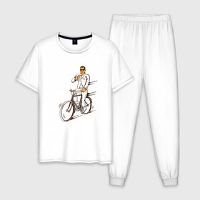 Мужская пижама хлопок с принтом Велосипед и пиво в Екатеринбурге, 100% хлопок | брюки и футболка прямого кроя, без карманов, на брюках мягкая резинка на поясе и по низу штанин
 | без рук | вело | велосипед | велосипедист | колеса | руль | спорт