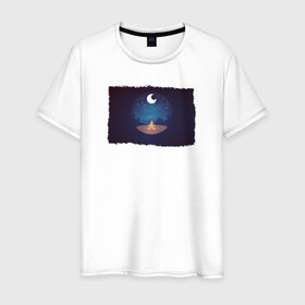 Мужская футболка хлопок с принтом Костер ночью под луной в Екатеринбурге, 100% хлопок | прямой крой, круглый вырез горловины, длина до линии бедер, слегка спущенное плечо. | горы | звездное небо | костер | луна | лунная ночь | ночевка в горах | ночевка в лесу | ночь | пикник | туризм