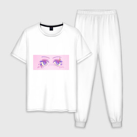 Мужская пижама хлопок с принтом Аниме глазки в Екатеринбурге, 100% хлопок | брюки и футболка прямого кроя, без карманов, на брюках мягкая резинка на поясе и по низу штанин
 | kawaii | блестки | макияж | милота | розовый