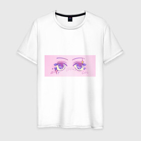 Мужская футболка хлопок с принтом Аниме глазки в Екатеринбурге, 100% хлопок | прямой крой, круглый вырез горловины, длина до линии бедер, слегка спущенное плечо. | Тематика изображения на принте: kawaii | блестки | макияж | милота | розовый