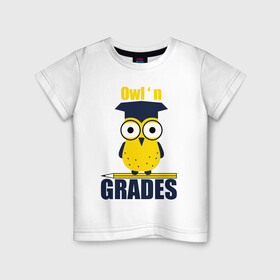 Детская футболка хлопок с принтом Owl Grades в Екатеринбурге, 100% хлопок | круглый вырез горловины, полуприлегающий силуэт, длина до линии бедер | Тематика изображения на принте: арт | иллюстрация | карандаш | сова | студент