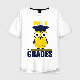 Мужская футболка хлопок Oversize с принтом Owl Grades в Екатеринбурге, 100% хлопок | свободный крой, круглый ворот, “спинка” длиннее передней части | арт | иллюстрация | карандаш | сова | студент