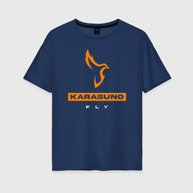 Женская футболка хлопок Oversize с принтом KARASUNO лого Haikyu!! в Екатеринбурге, 100% хлопок | свободный крой, круглый ворот, спущенный рукав, длина до линии бедер
 | anime | haikyu | haikyuu | karasuno | karasuno high | manga | аниме | волейбол | волейбольный клуб | ворон | вороны | карасуно | крылья | лого | манга | надпись | перо | птица | старшая школа | хаику | хаикую