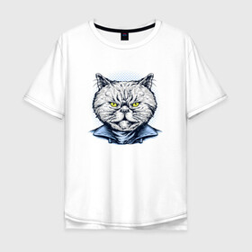 Мужская футболка хлопок Oversize с принтом Голова серьезного кота в Екатеринбурге, 100% хлопок | свободный крой, круглый ворот, “спинка” длиннее передней части | Тематика изображения на принте: cat | kawaii | kitten | kitty | pussycat | кот | котенок | котик | кошачьи | кошка | милый