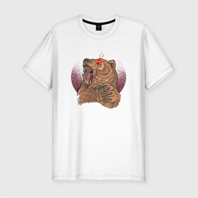 Мужская футболка хлопок Slim с принтом Злой медведь в Екатеринбурге, 92% хлопок, 8% лайкра | приталенный силуэт, круглый вырез ворота, длина до линии бедра, короткий рукав | bear | grizzly | kuma | гриззли | гризли | грозный | крутой | медведь | медвежонок | мишка
